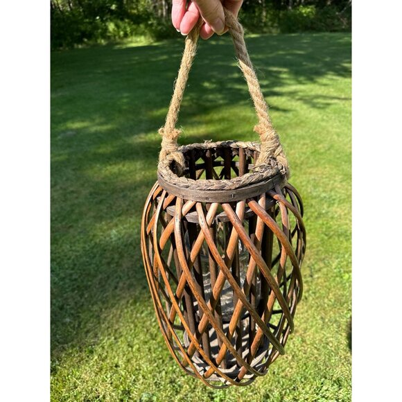 Rustic Boho MCM Bamboo Rattan Whicker & Glass Lantern With Rope Handle 16" Tall - Picture 15 of 15